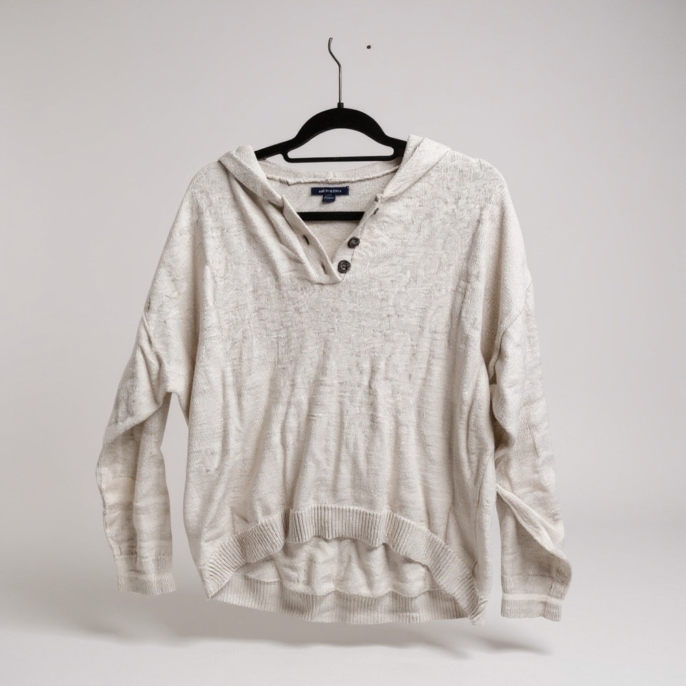 American Eagle Knit Hooded Pullover Sweater Light Gray Button‎ Neck Size L